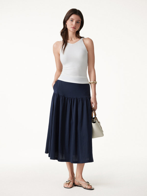 OGLmove Cotton-Linen Gathered Midi Skirt with Pockets