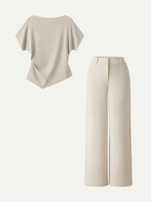 OGLmove 2Pcs Set Boatneck Angled Tee & Mid Rise Wide Leg Trousers