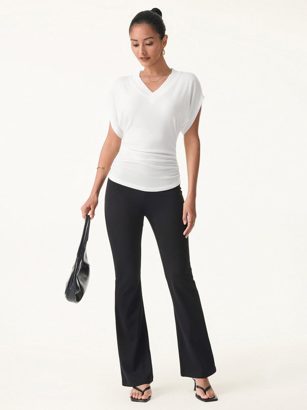 OGLmove Semi-sheer Lyocell Cashmere Blend V-neck Short Sleeve Side Ruched Tee