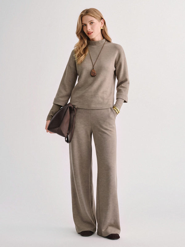 OGLmove 2Pcs Set Mockneck Sleeve-Warmer Top & Straight Leg Pants with Pockets Heather Tapestry XXS