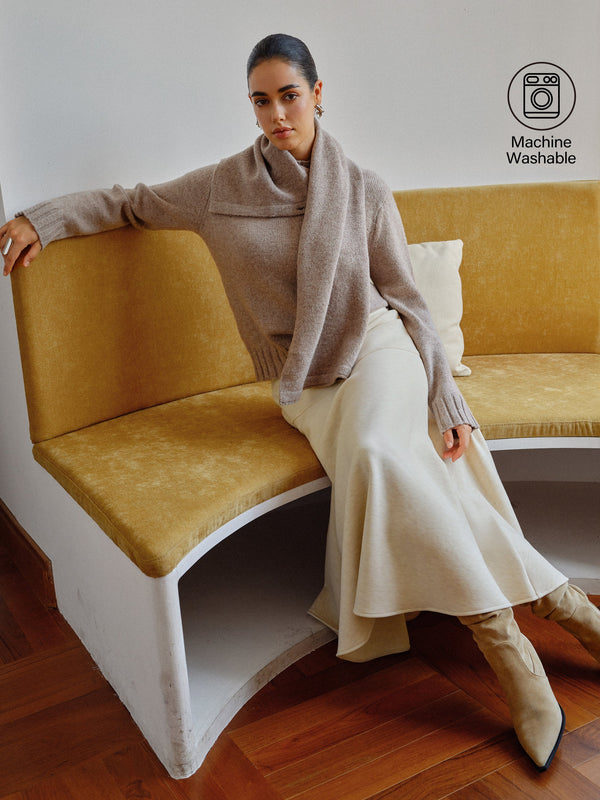 OGLmove 2Pcs Set Sweater with Removable Scarf & Mid-Rise Circle Midi Skirt Elephant Beige/Heather Beige XS