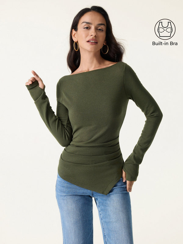 OGLmove ProWarm Boatneck Side Tucks Asymmetrical Built-In Bra Top