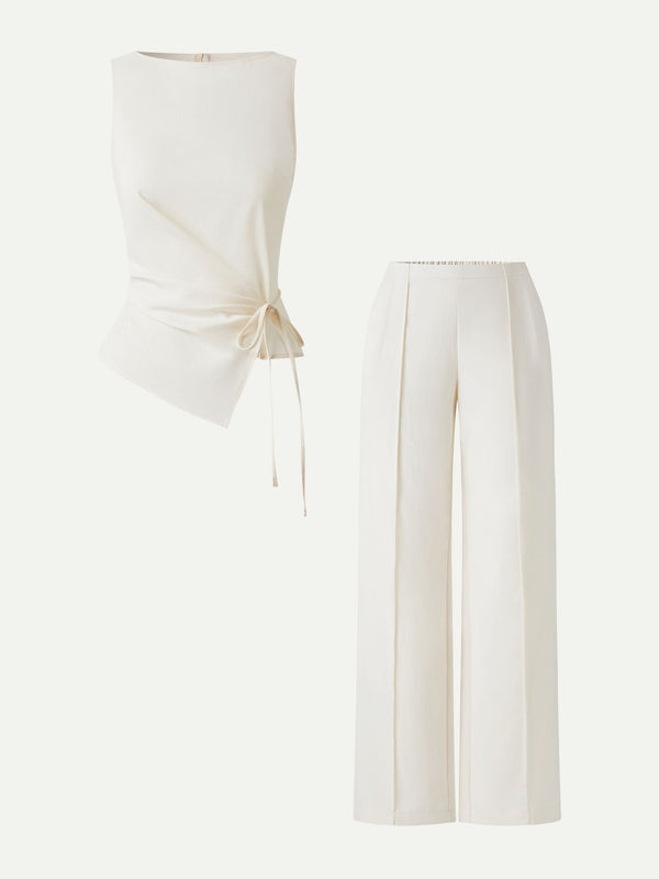 OGLmove 2Pcs Set Boatneck Waist-Defined Top & Pintuck Wide Leg Pant