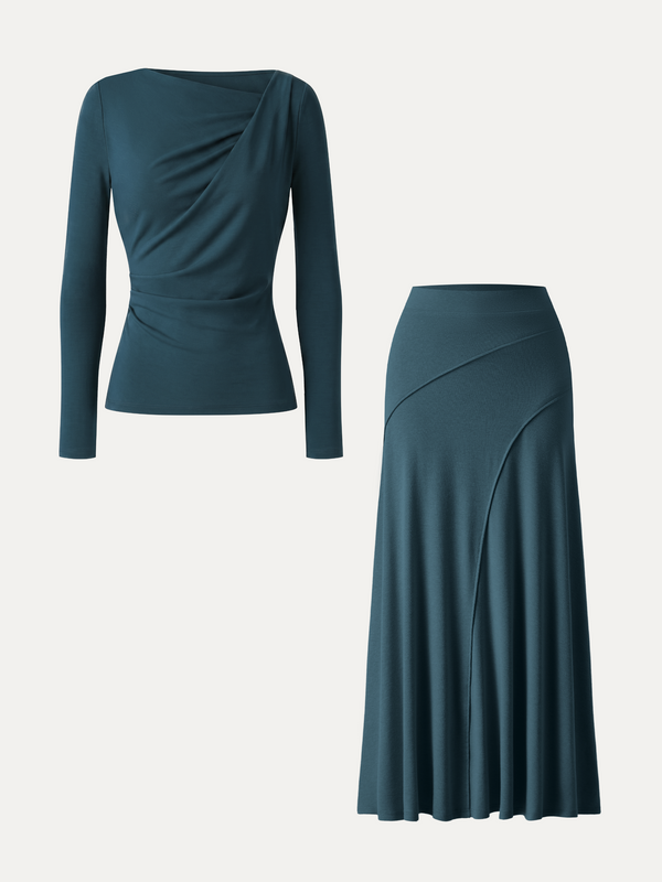 OGLmove 2Pcs Set LiteWarm Asymmetrical Neck Top & Drapey A-Line Midi Skirt