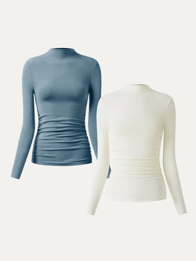 Conjunto de 2 piezas: blusa térmica con fruncidos laterales y cuello alto plegable