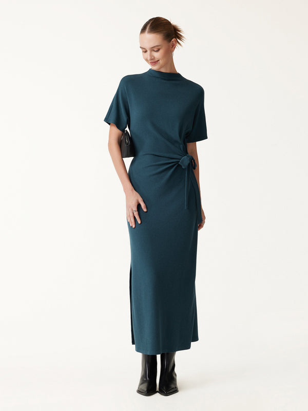 OGLmove Eco-Mousse® Mock Neck Elbow Sleeve Tie-Waist Midi Dress