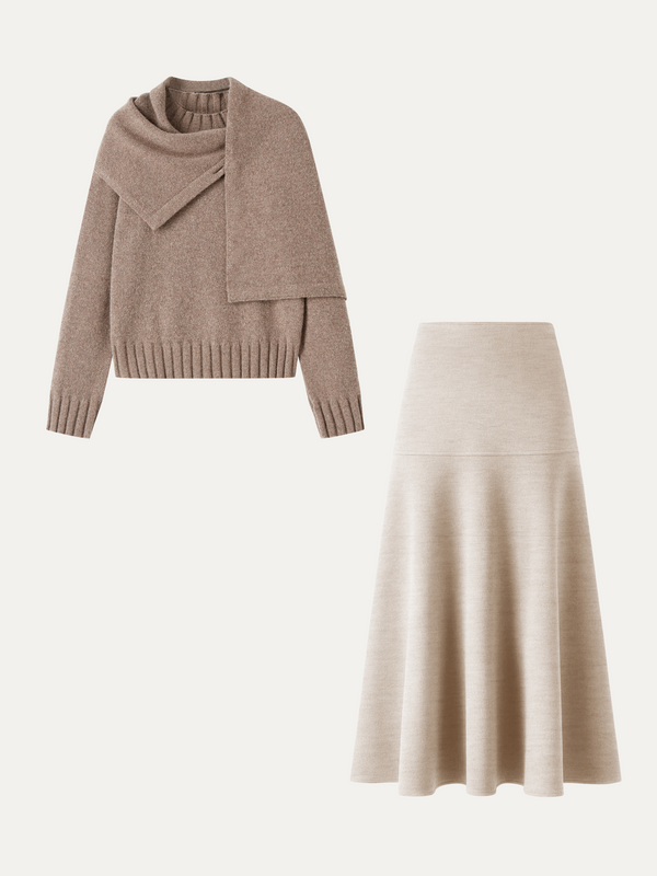 OGLmove 2Pcs Set Sweater with Removable Scarf & Mid-Rise Circle Midi Skirt