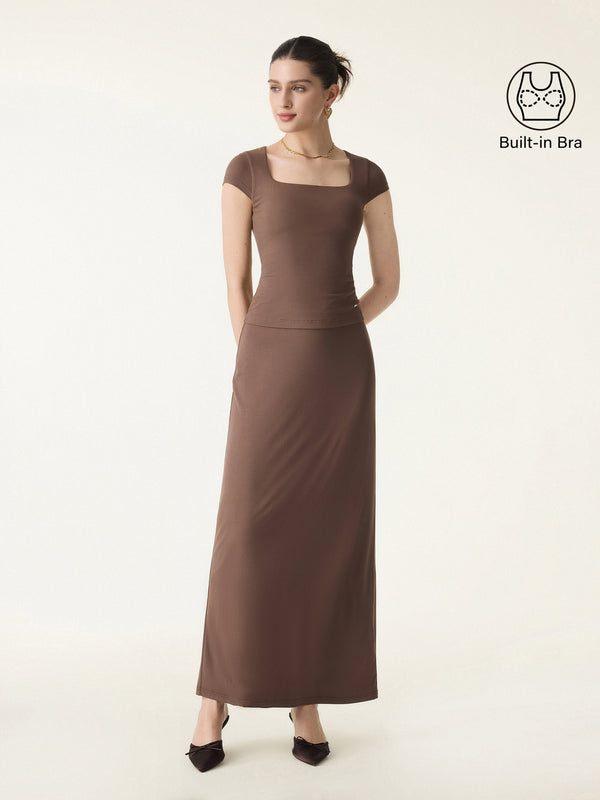 2Pcs Set SkinKiss Square Neck Cap Sleeve Cropped Brami & H-Line Maxi Skirt
