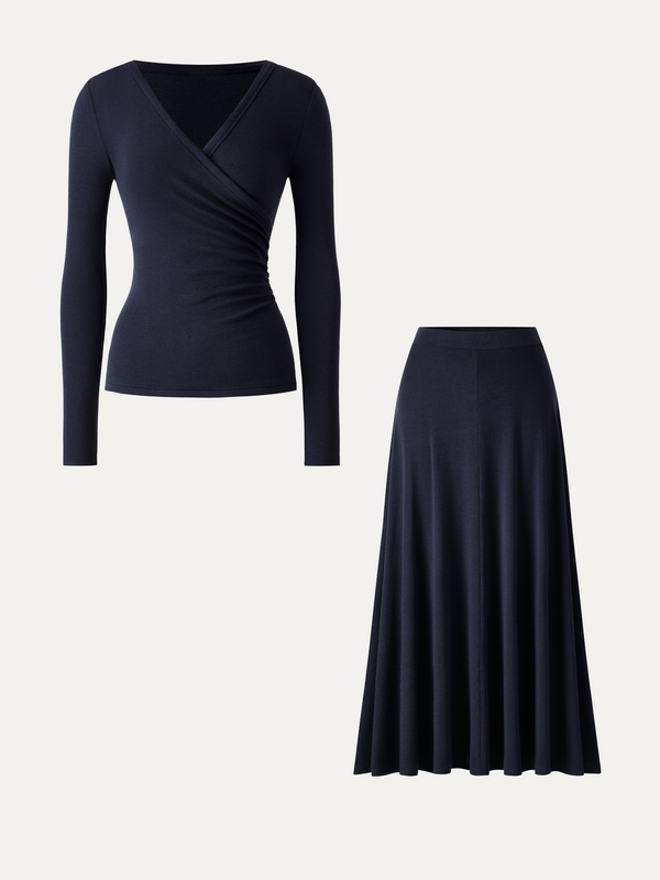 OGLmove 2Pcs Set LiteWarm Surplice Ruched Top & Blend Mid-Rise Umbrella Maxi Skirt