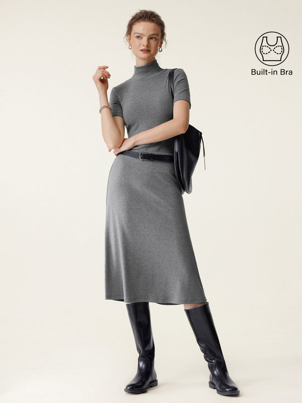OGLmove 2Pcs Set Mockneck Built-In Bra Top & Pull-On Midi Skirt Heather Carbon XXS