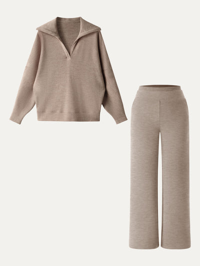 Ensemble de 2 pièces Pantalon droit à double ceinture fine & Pull à manches chauve-souris et col en V