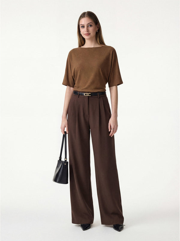 OGLmove 2Pcs Set Boatneck Relaxed Top & Wide Leg Pant with Pockets Nutshell Orange/Hickory Brown XS