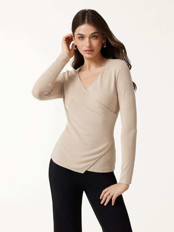 OGLmove Surplice Long Sleeve Asymmetrical Hem Top Natural Calico XXS