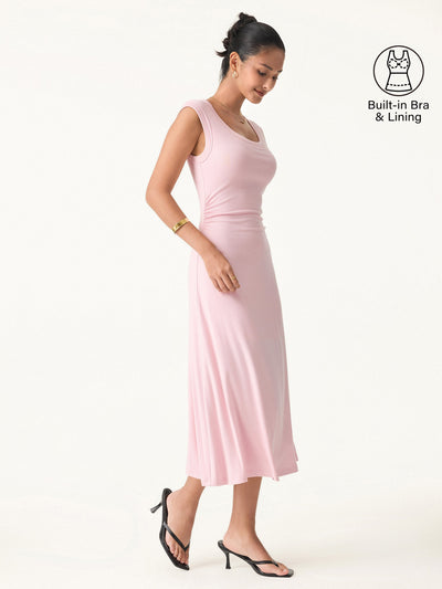 Vestido midi nuevo aireado con escote redondo y fruncido lateral tipo brami