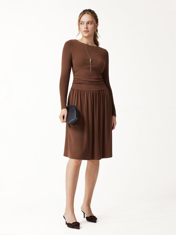 OGLmove Eco-Mousse® Boatneck Ruched Mini Bra Dress with Pockets