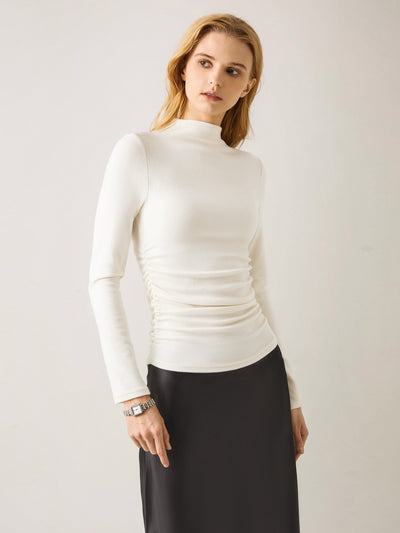 OGLmove 2Pcs Set Ruched Sides Mockneck Top & Mid Rise Barrel Leg Pull-on Pants