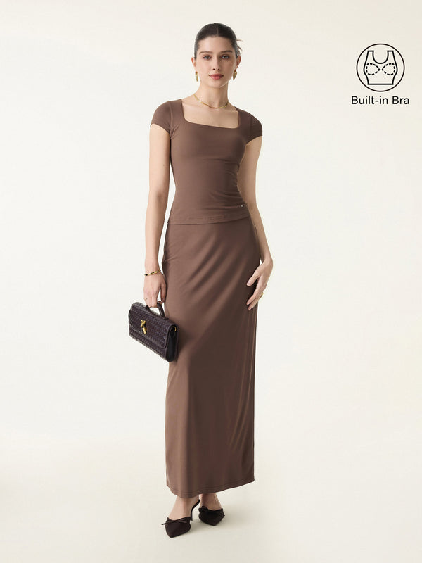 2Pcs Set SkinKiss Square Neck Cap Sleeve Cropped Brami & H-Line Maxi Skirt