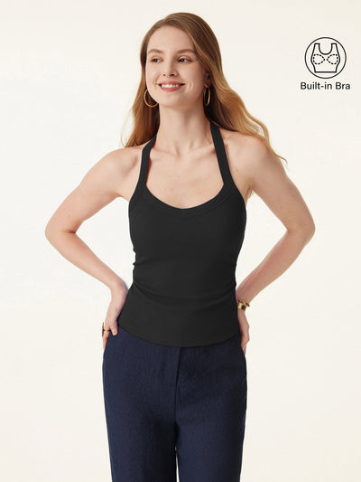 OGLmove Halter Neck Side Ruched Ribbed Bra Tank Black XS