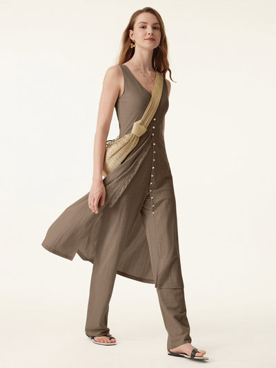 2-delige Set V-hals Knopsluiting Midi Gilet Jurk & Mid Rise Rechte Broek