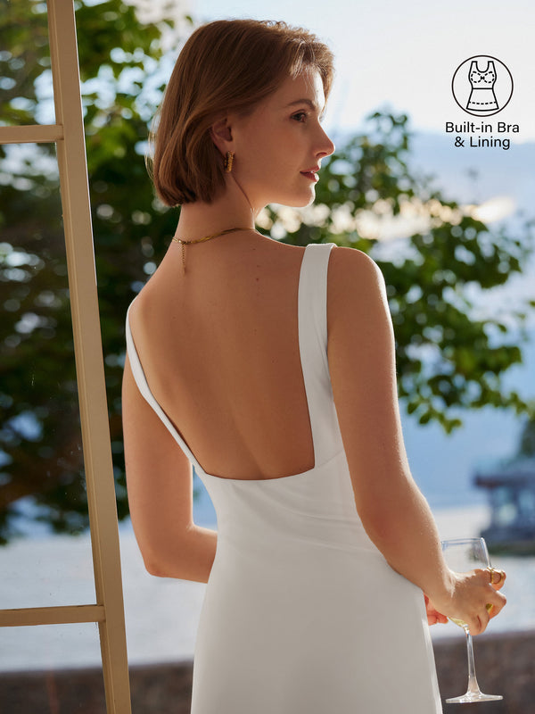 OGLmove Classy Boatneck Open Back Bandless Midi Bra Dress Pure White XS