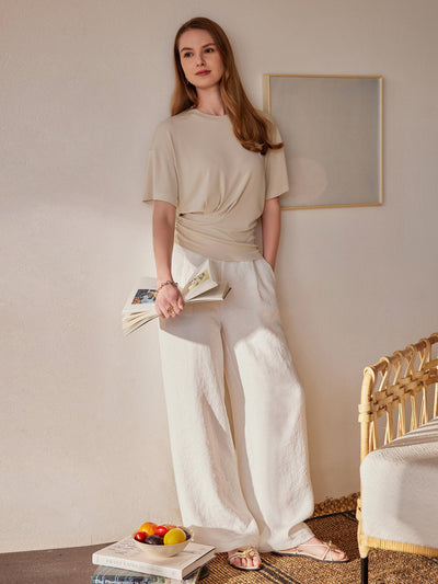 OGLmove 2Pcs Set Crewneck Tee & Mid Rise Wide Leg Pant with Pockets Morning Mist/Linen White XS