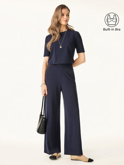 OGLmove 2Pcs Set Petite Wide Leg Pant with Pockets & Crewneck Bra Top Smoky Navy XS