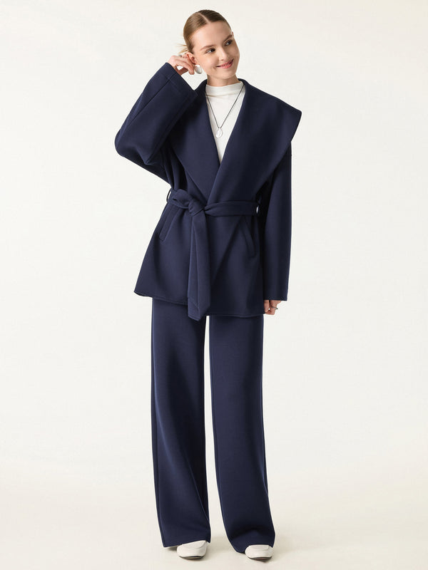 OGLmove 2Pcs Set Petite Belted Shawl Collar Robe Jacket & Straight Pants with Pockets