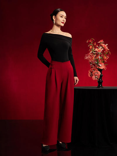 Statement Frog Button High Rise Wide Leg Pants with Pockets Limited Edition