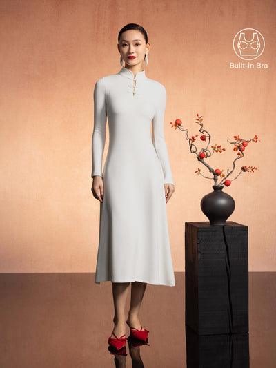 Vestito midi con bottoni a nodo cinesi e colletto alla coreana, edizione limitata