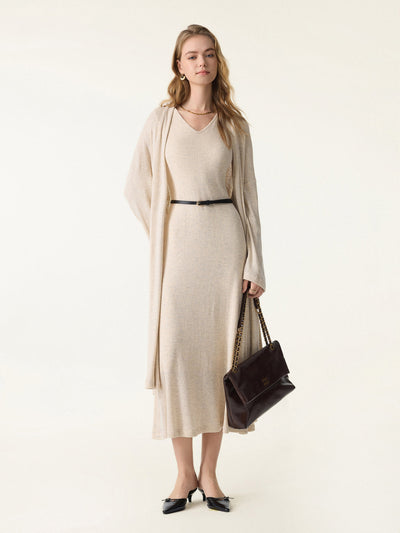 Ensemble de 2 pièces : cardigan ouvert devant avec poches et robe midi évasée à col en V style brassière