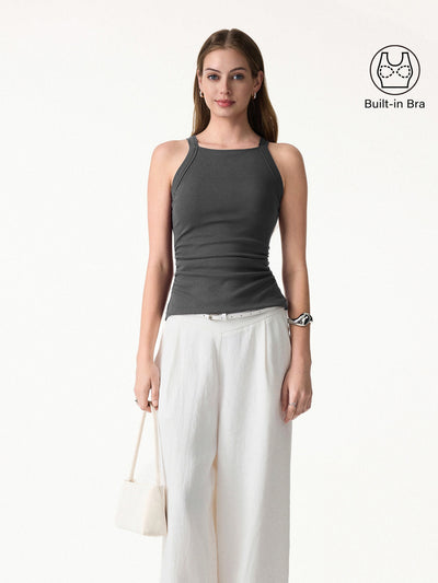 OGLmove Square Neck Ruched Rib Bra Tank Davy XS