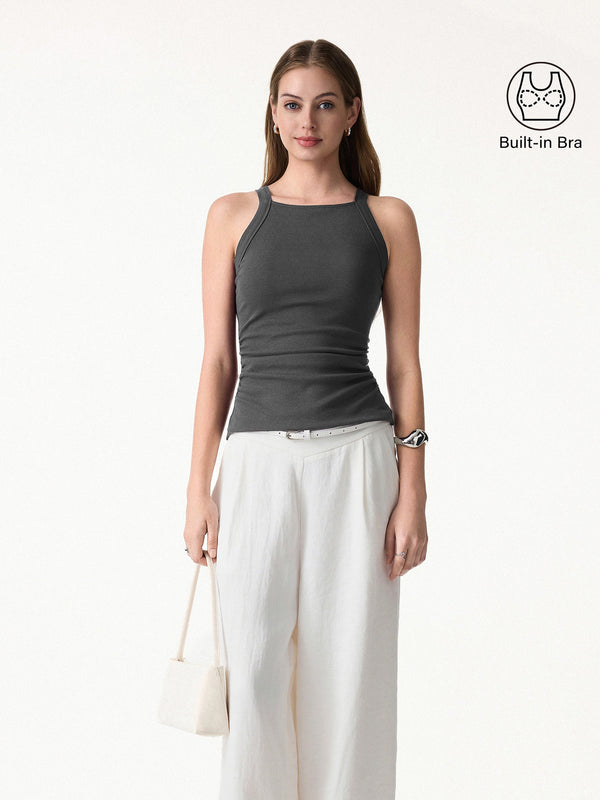 OGLmove Square Neck Ruched Rib Bra Tank Davy XS