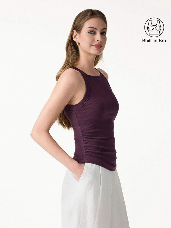 OGLmove Plantive Chic Square Neck Ruched Rib Bra Tank Deep Fig XS