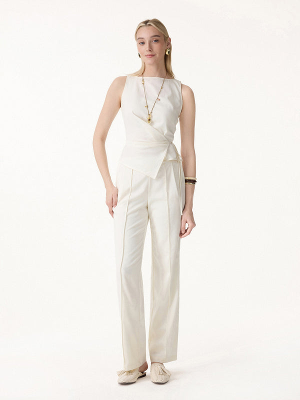 OGLmove 2Pcs Set Boatneck Waist-Defined Top & Pintuck Wide Leg Pant Eggnog XS