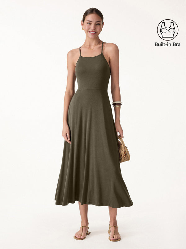 OGLmove Soft Linen Knit Spaghetti Midi Bra Dress Olive Green XS