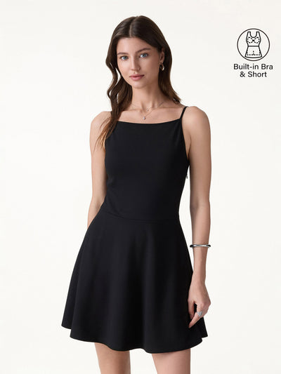 OGLmove Stretch Ponte Square Neck Mini A-Line Bra Dress with Pockets Black XS
