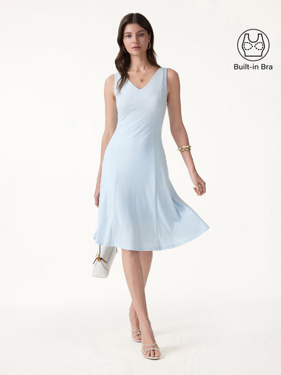 OGLmove Stretch Ponte V-Neck A-Line Midi Bra Dress Blue Air XS