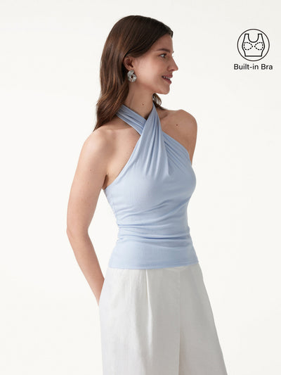 OGLmove Criss Cross Halter Neck Going-Out Bra Top Dew Sky Blue XS