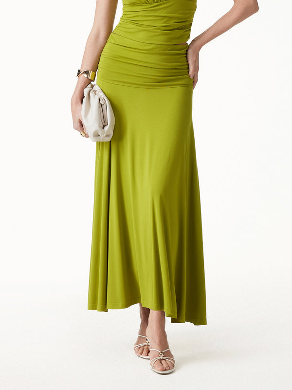 OGLmove Ultrasoft Mid Rise A-line Ruched Maxi Skirt Sprout Green XS
