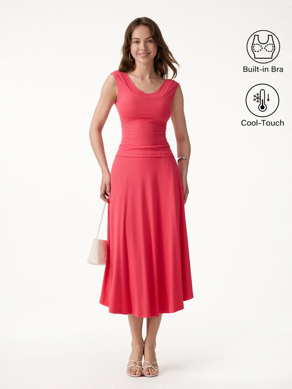 OGLmove 2Pcs Set U-Neck Bra Tank & Midi Skirt with Pockets Teaberry Red XS