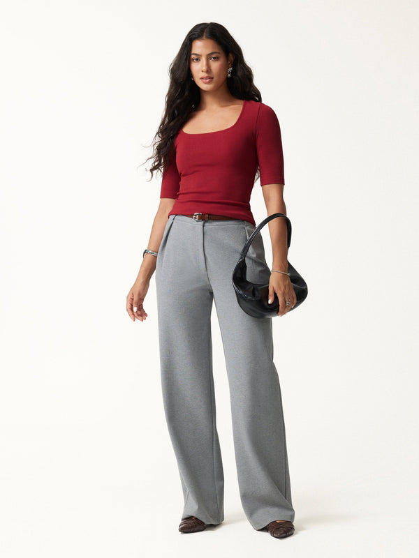 OGLmove 2Pcs Set Square Neck Built-In Bra Top & High Waisted Warm Straight Leg Pull On Pant