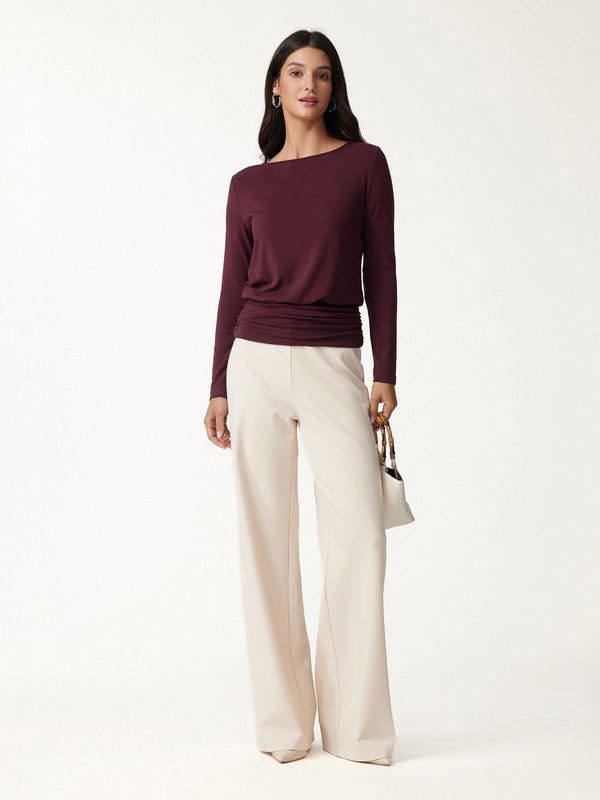 OGLmove Boatneck Long Sleeve Ruched Banded Hem Top