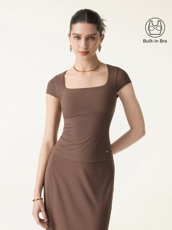 SkinKiss Square Neck Cap Sleeve Cropped Brami Iced Mocha XS