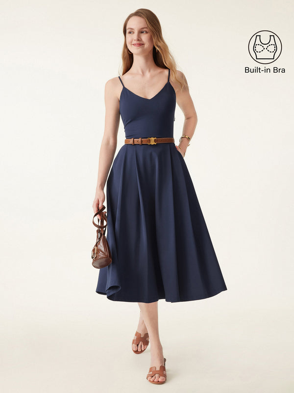OGLmove Bamboo Ponte V-neck Fit-and-flare Midi Bra Sundress with Pockets Midnight Navy XS
