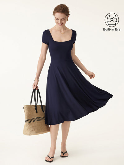 Robe midi fluide à encolure carrée et manches courtes style caraco
