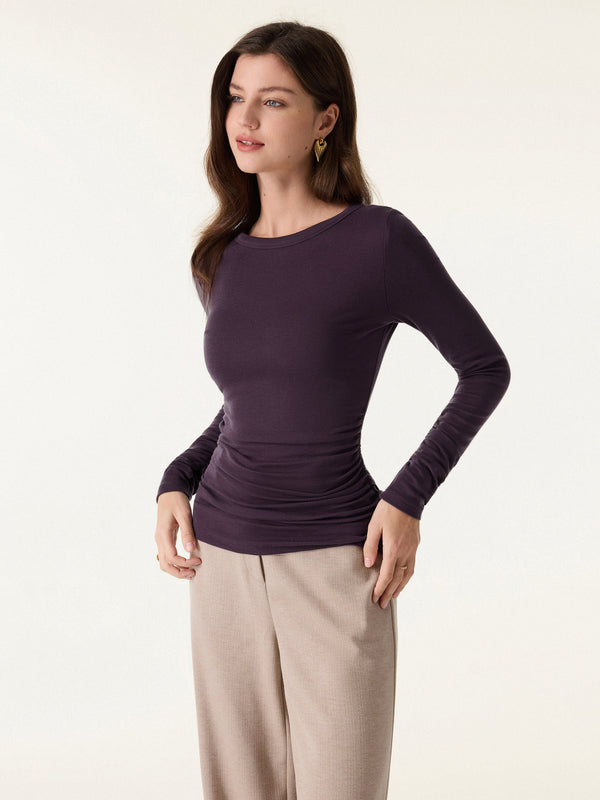 OGLmove LiteWarm Lyocell-Wool Round Neck Long Sleeve Ruched Top Purple Gloam XXS