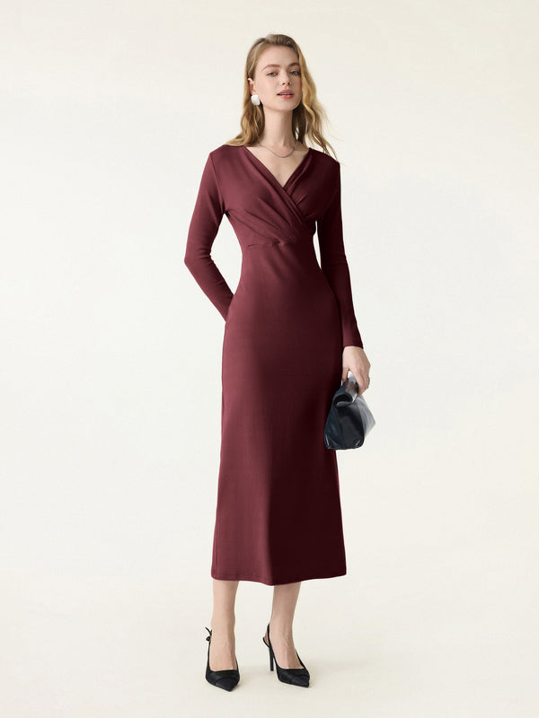 OGL Cotton Lyocell Surplice Tucked H-line Midi Dress  OGLmove.eu