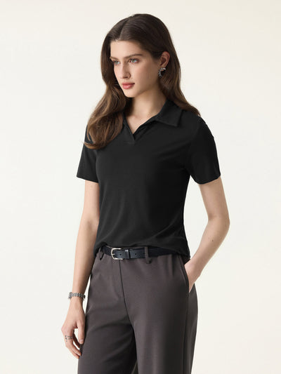 Soft Lyocell Wool Polo Neck Short Sleeve Top Black XS