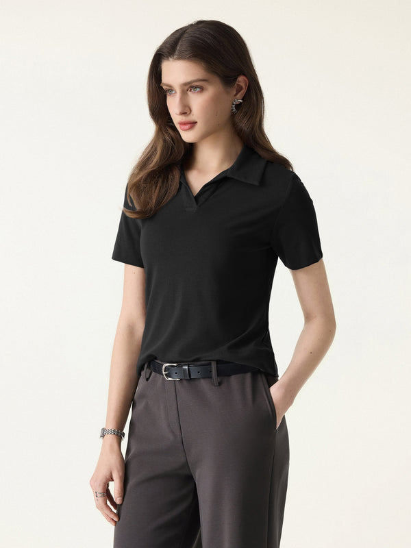 Soft Lyocell Wool Polo Neck Short Sleeve Top Black XS