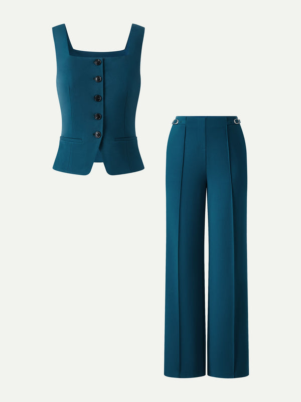 OGLmove 2Pcs Set Square Neck Waistcoat with Pockets & Wide Leg Ankled Pant